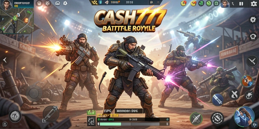 Screenshot gameplay CASH777 menunjukkan aksi intens di medan perang.